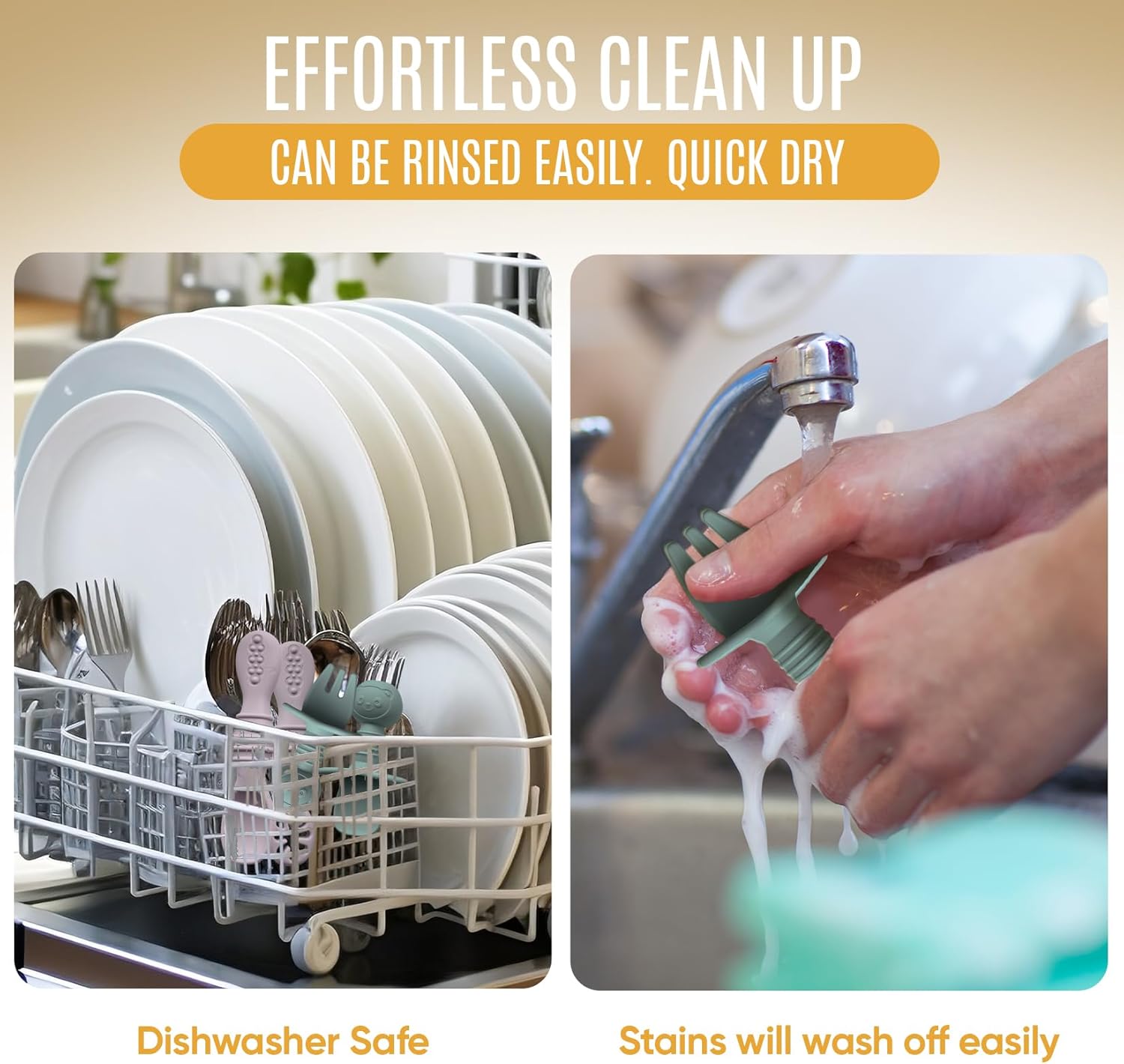 4pc Silicone Baby Spoons Self Feeding Baby Utensils 6-12 Months - 3 Baby Spoon - 1 Baby Fork - Toddler Cutlery Set - BPA Free, Dishwasher Safe, Baby Eating Essentials (Light pink/Army Green)