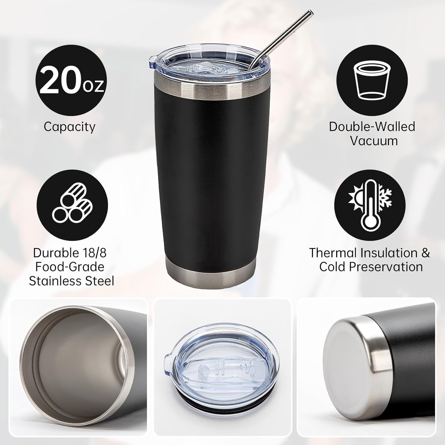 IEOVIEE 32 Pack 20oz Stainless Steel Bulk Tumblers with Lids and Straws Double Wall Insulated Travel Mug Durable Powder Coated Tumbler Bulk Cup for Cold and Hot Drinks(Black)