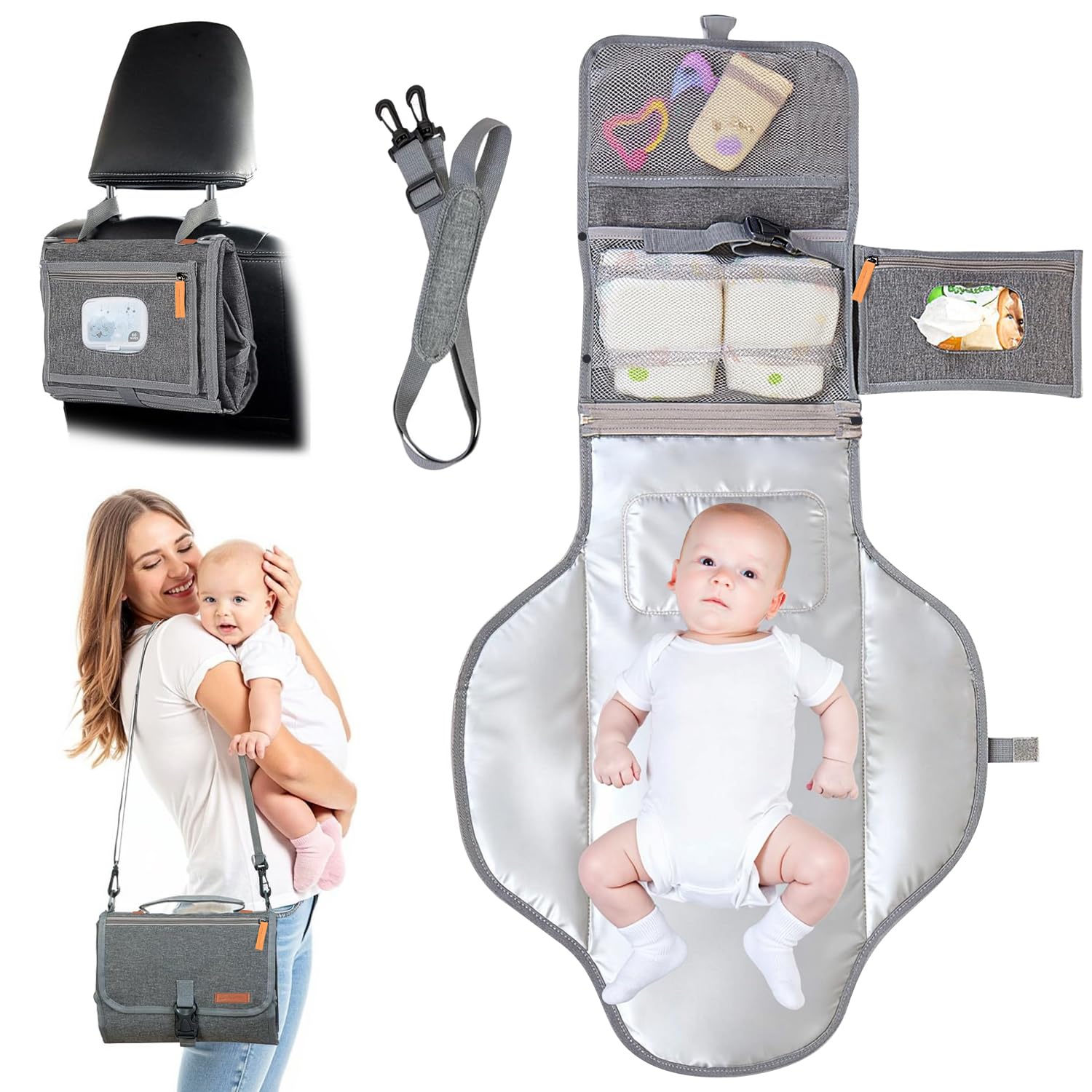 Portable Diaper Changing Pad - Baby Diaper Changer Travel Bag with Wipes Pocket, Smart Design Portable Changing Mat, Infant Travel Station Kit, Gift for Newborn Girl & Boy (Grey)