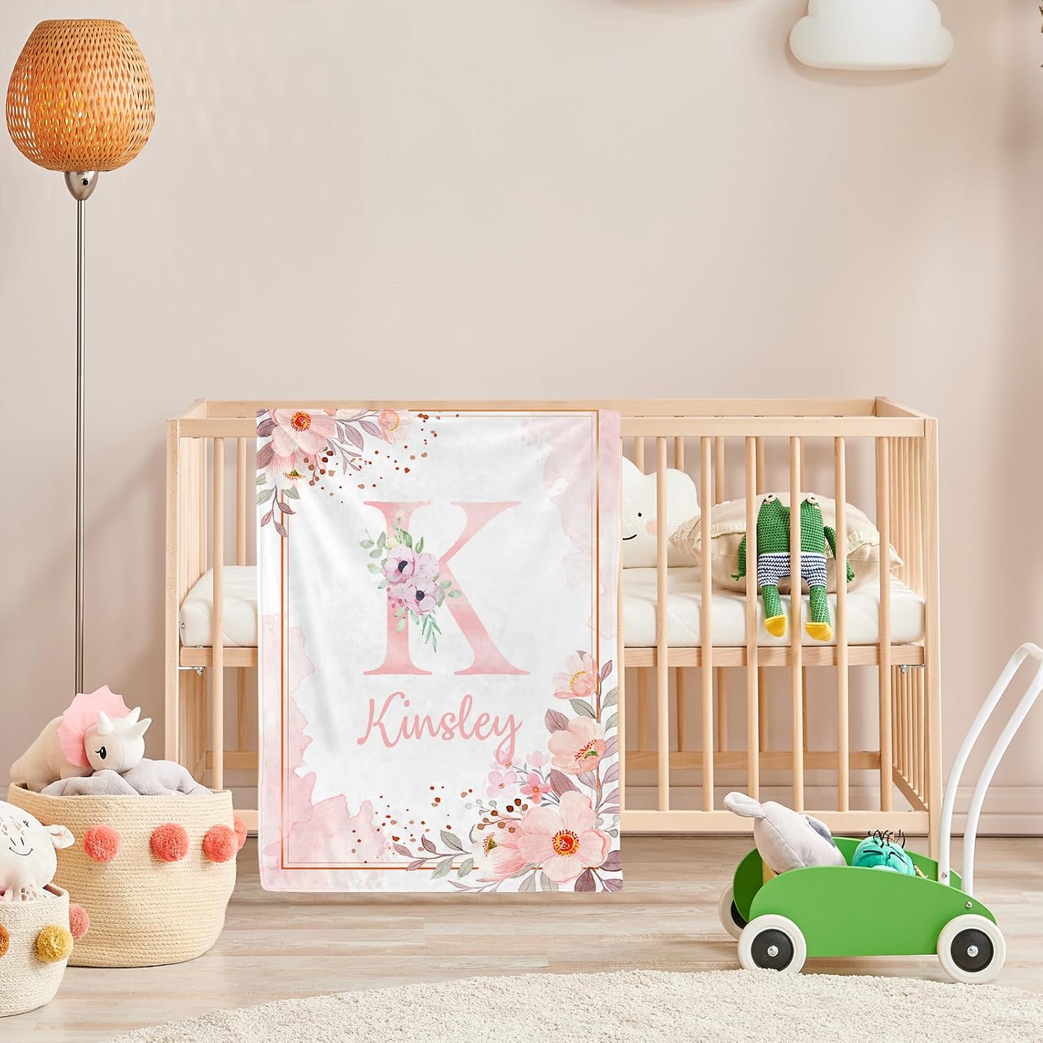 Personalized Baby Blanket with Name, Custom Floral Name Blanket Toddler Girls Soft Flannne Receiving Blankets Customized Memorial Gift for Infant Newborn Shower