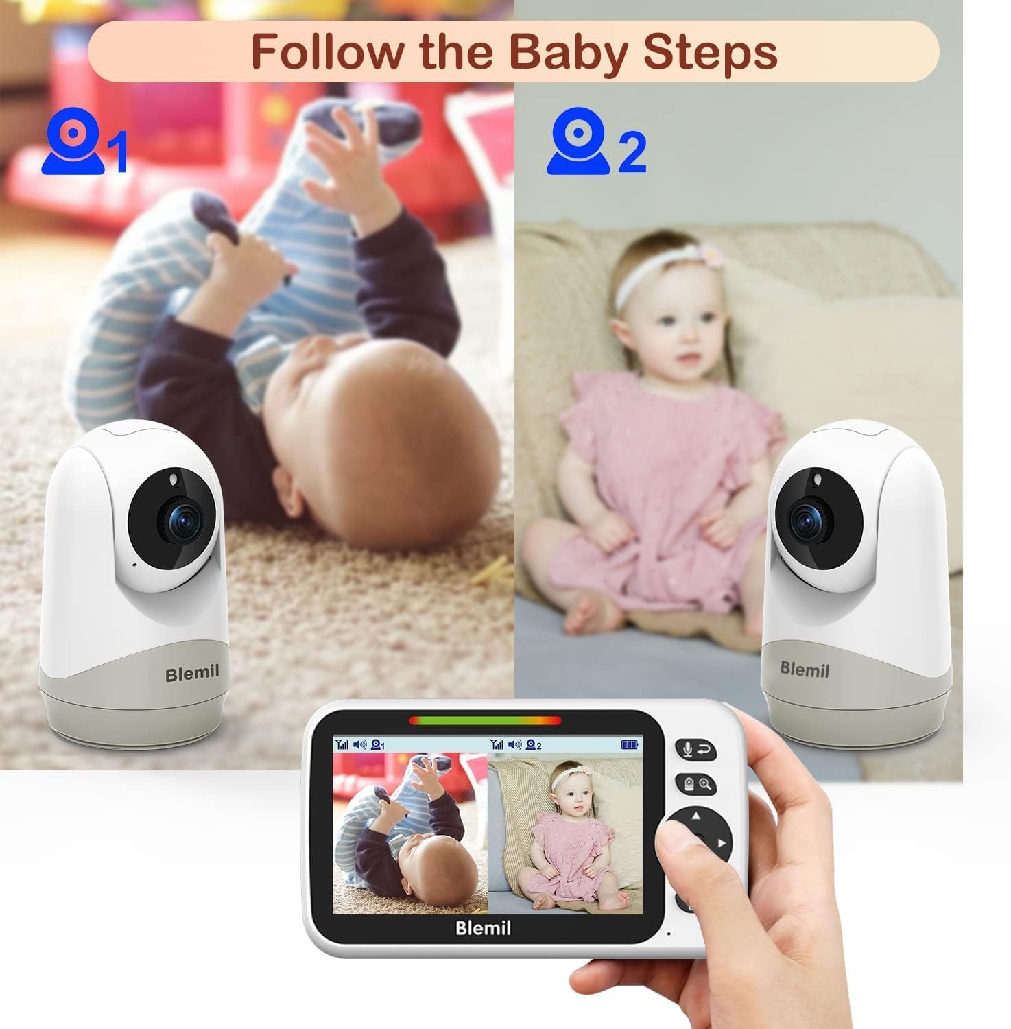 Upgrade Baby Monitor with 30-Hour Battery, 5" Large Split-Screen Video Baby Monitor with 2 Cameras and Audio, Remote Pan/Tilt/Zoom, Two-Way Talk, Room Temperature, Auto Night Vision