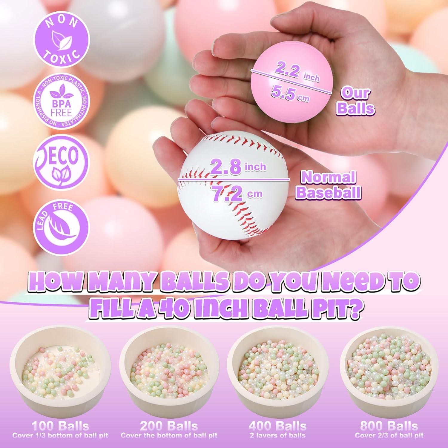 GOGOSO 100 Pit Balls Plastic Balls for Baby Toddlers GirlsToddlers for Playhouse, Baby Pool, Play Ball Fun Centers, for Babies, Kids, Toddlers 1-3, Phthalate Free BPA Free