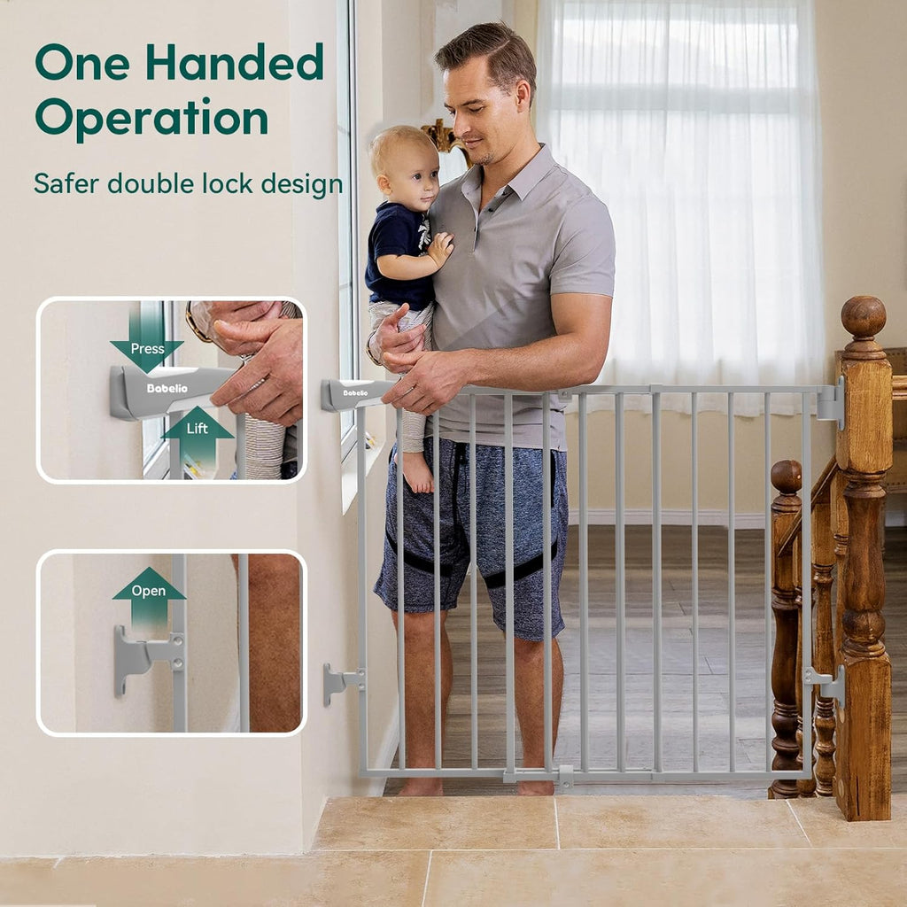 Babelio 26-43" No Bottom Bar Baby Gate for Babies, Elders and Pets, 2-in-1 Hardware Mount Dog Gate for The House, Stairs and Doorways, with Large Walk Thru Door, Grey