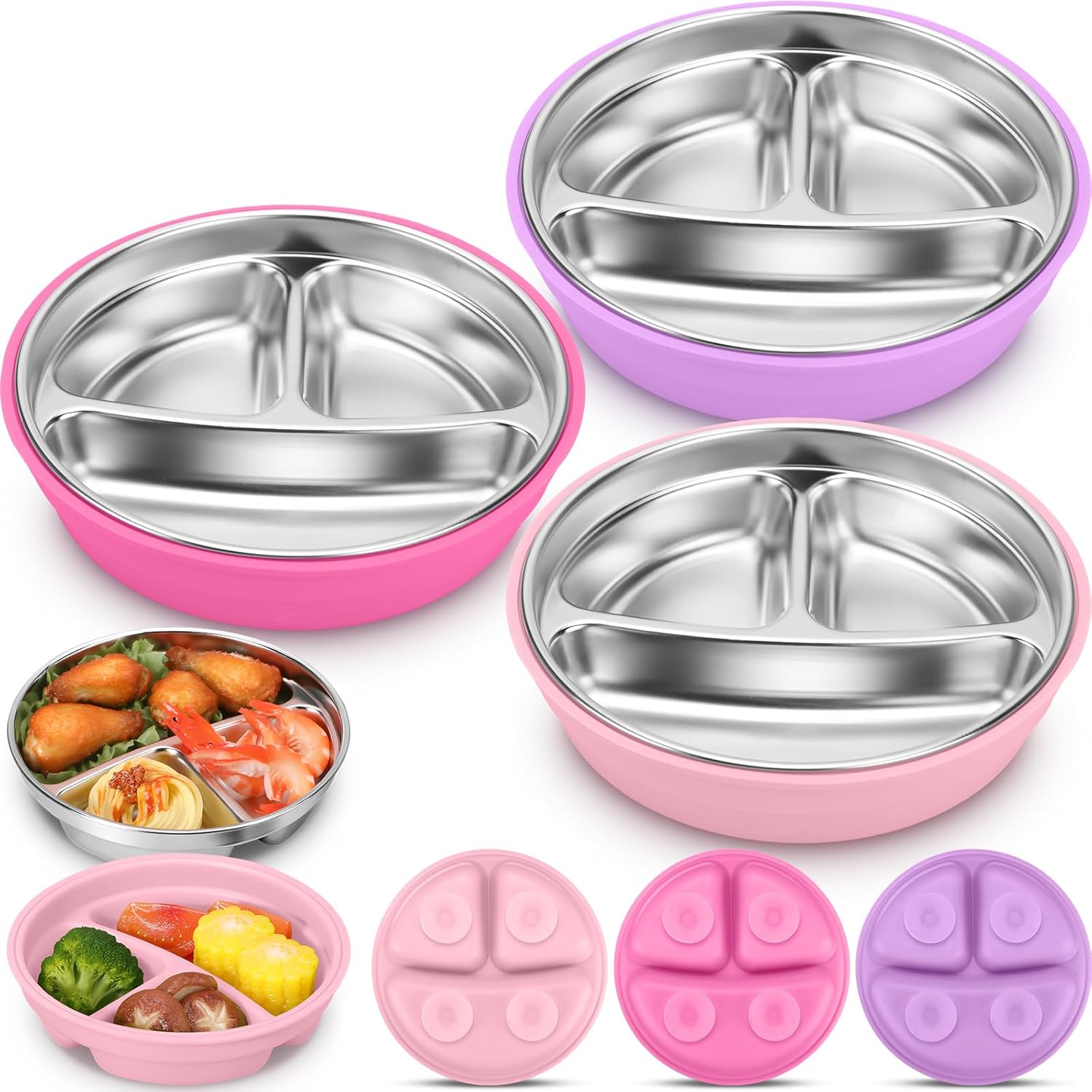 Nuogo 3 Pcs Stainless Steel Baby Suction Plates with Removable Silicone Shell 2-in-1 Metal Toddler Bowl Divided for Picky Eaters Kid Feeding Led Weaning Supply, Dishwasher Safe (Red Series)