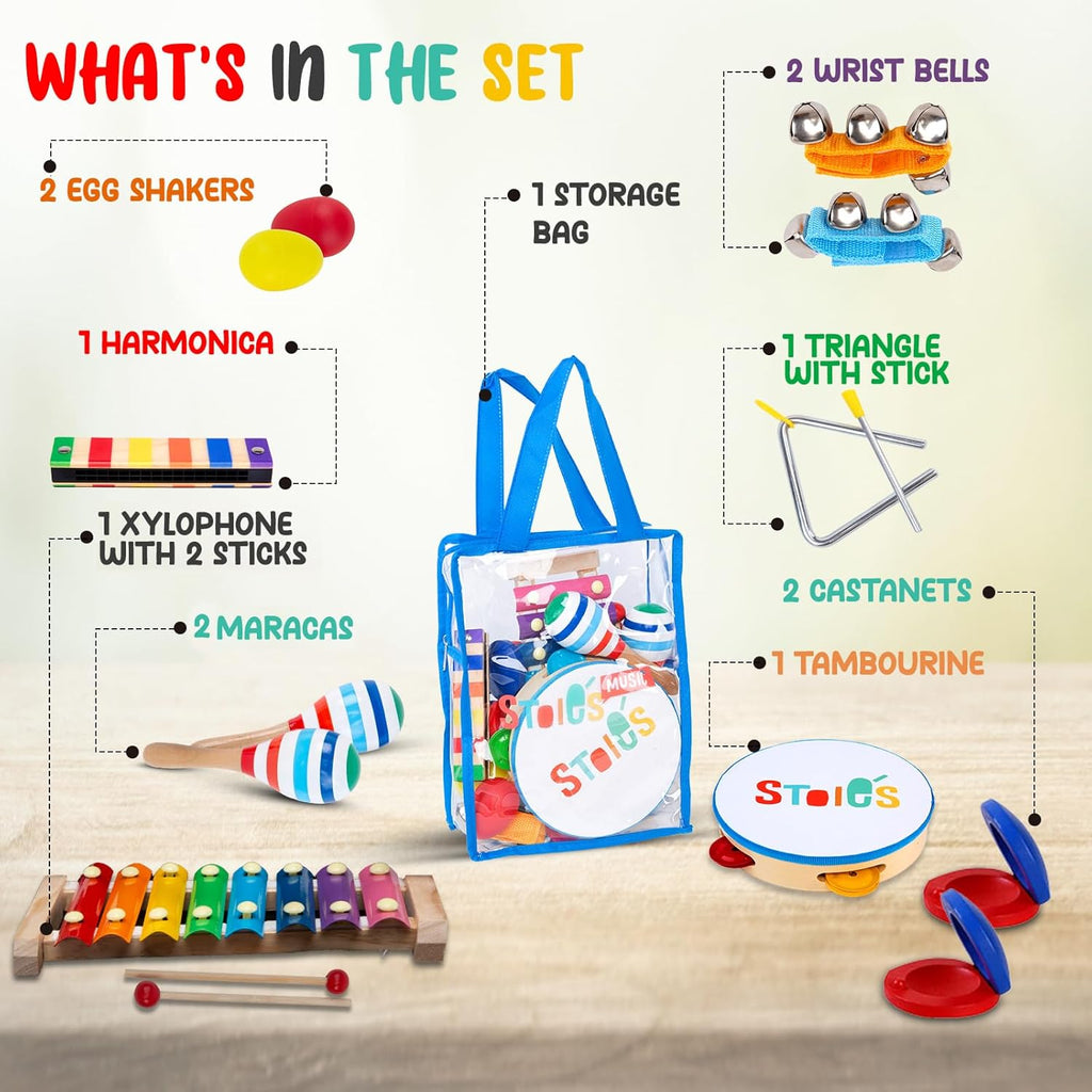 Stoie's Wooden Kids Musical Instruments for 1-5 Years Old, Baby Percussion Toys with Xylophone, Maracas, Tamburine, Durable, Safe to Play, Clear Loud Sound, Kid-Friendly Size, with a Storage Bag