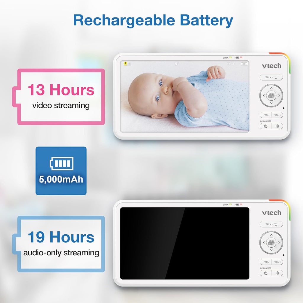 VTech 5.5" IPS Screen 720P Video Baby Monitor with Camera and Audio, Pan-Tilt-Zoom, Night Light, 2-Way Talk, Lullabies, Soothing Sounds, Long Battery Life, No WiFi: Advanced HD Plus