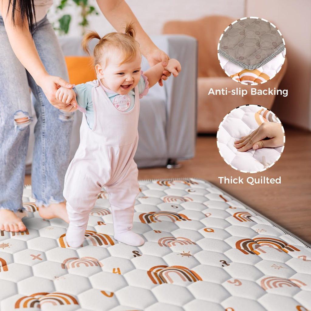 Boho Rainbow Baby Play Mat 50" X 50" Playpen Mat Thicken One-Piece Baby Crawling Mat Non-Slip Cushioned Baby Floor Mat Activity Playmats for Infants, Babies, Toddlers (50X50, Letters+Number)