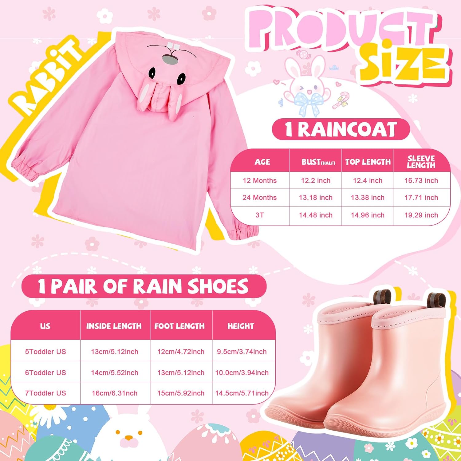 2 Pcs Toddler Raincoat Rain Boots Set Kids Baby Cartoon Hoodie Zipper Jacket Short Rain Shoes for Little Boys Girls