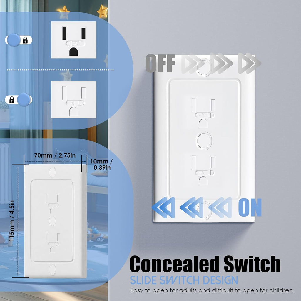 Nearockle 2 Pack Self-Closing Outlet Covers, 2024 Upgraded Built-in Hidden Slider & No-Pull-Out Wall Plug Covers Fit All Screw Outlets, Child Safety Baby Proofing (White)