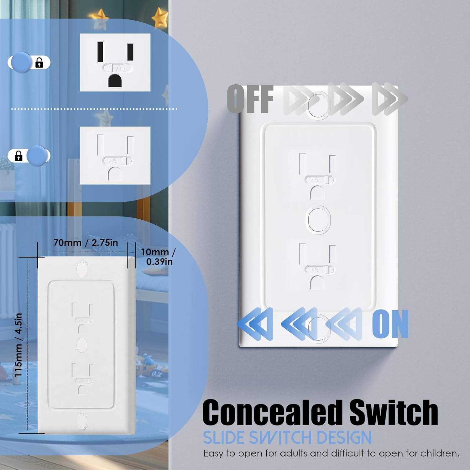 Nearockle 2 Pack Self-Closing Outlet Covers, 2024 Upgraded Built-in Hidden Slider & No-Pull-Out Wall Plug Covers Fit All Screw Outlets, Child Safety Baby Proofing (White)