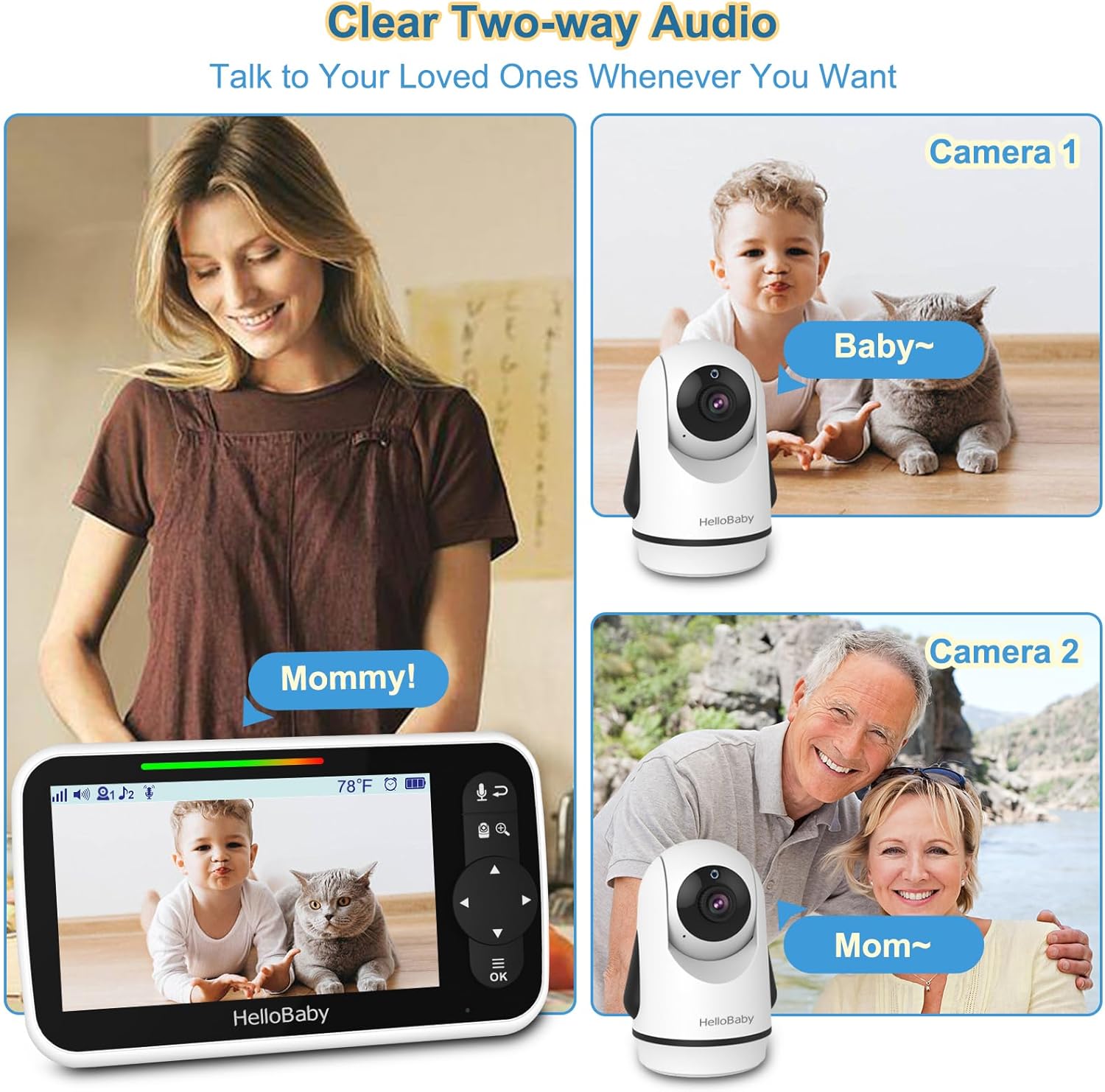 HelloBaby Video Baby Monitor with 2 Cameras and 5 Inch Split Screen Display, Remote Control Cameras with Night Vision and Temprature Monitoring