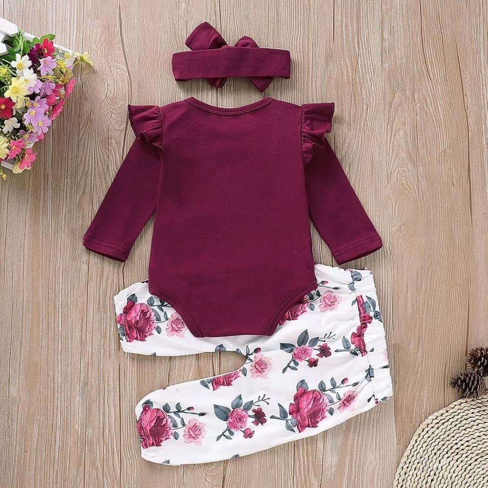 Newborn Baby Girl Clothes, Infant Girl Outfits Long Sleeve Ruffle Romper + Floral Pants + Headband Set