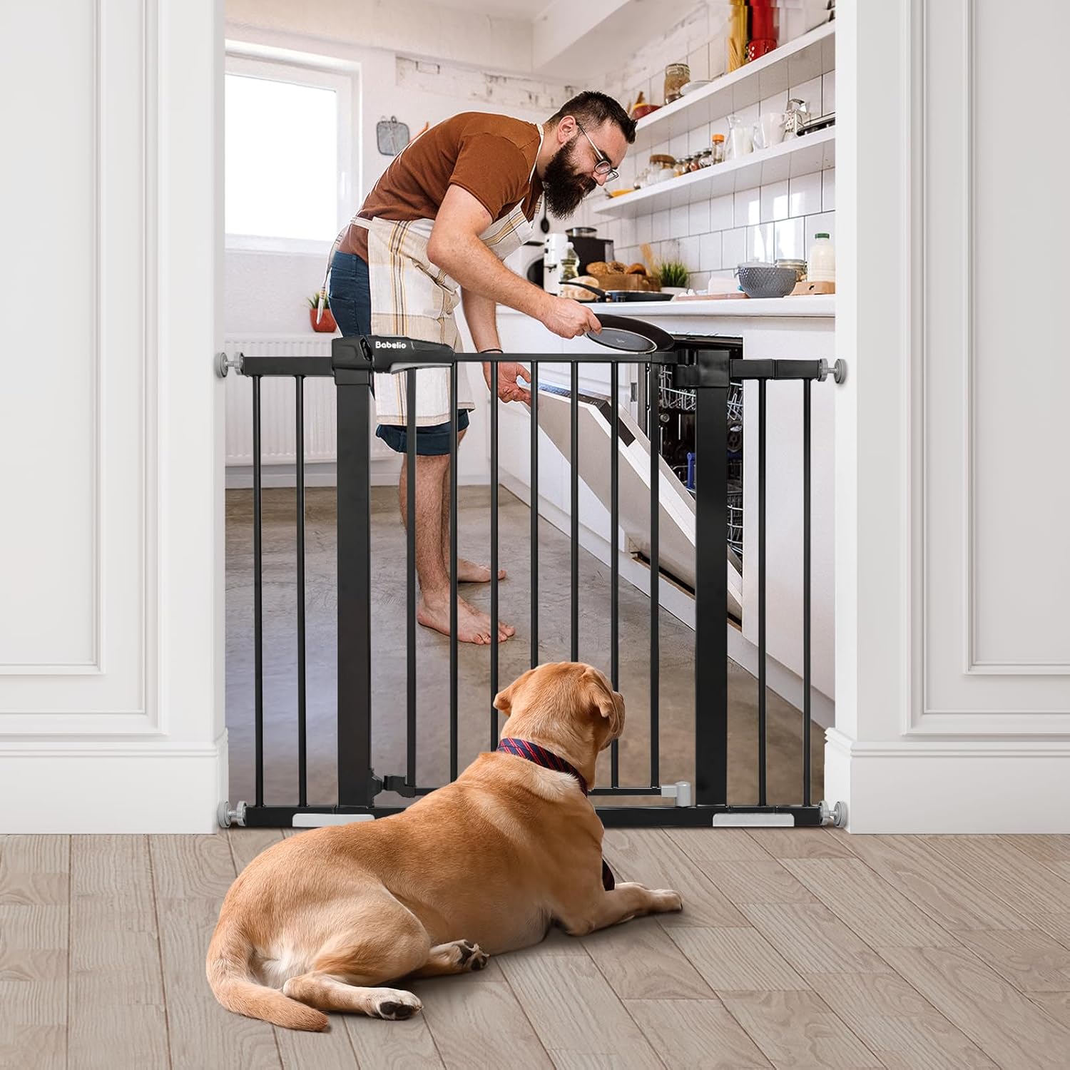 Babelio Baby Gate, 29-43" Auto-Close Easy Install Pet Gate, Extra Wide Walk Thru Child Safety Gate, 30" Tall Pressure-Mounted Metal Dog Gate for Doorways & Stairs, Black