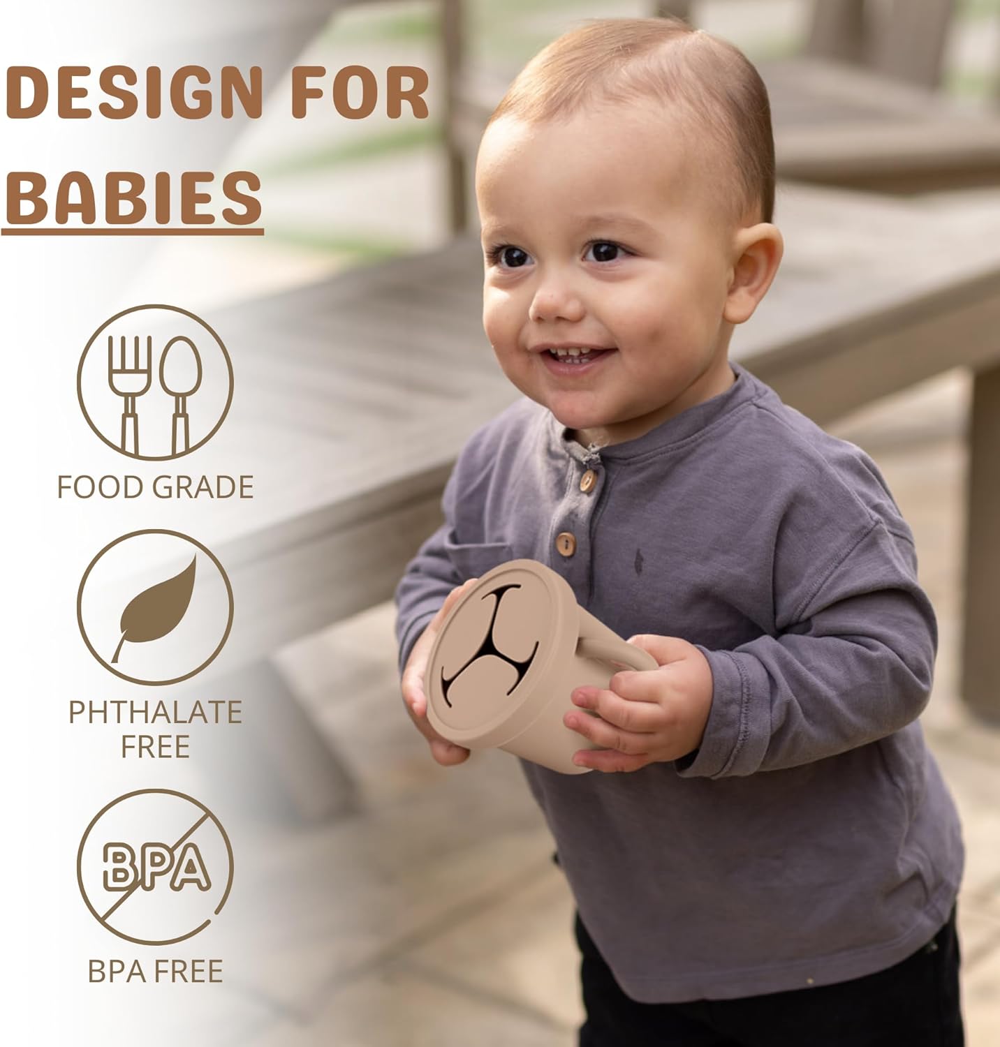 Snack Containers for Toddlers, Kids - 2 Pack Food Grade Silicone Snack Cups with Grip Handle (Sand/Natural)