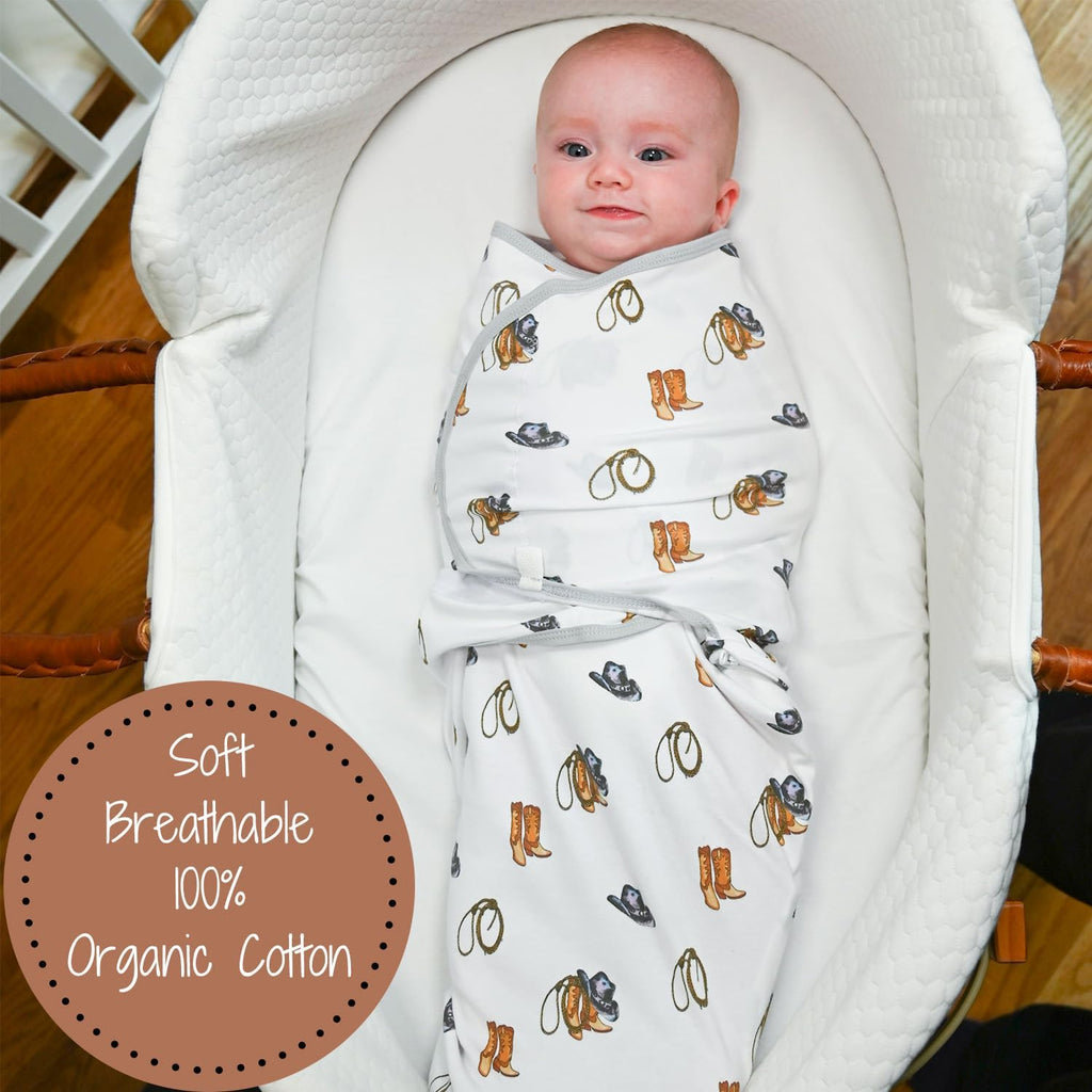 LollyBanks 100% Organic Cotton Baby Boy Essentials Swaddles 3-6 Months, Newborn Swaddle with Easy Change Zipper, Western Baby Swaddle Blanket Wrap (Cowboy Print)