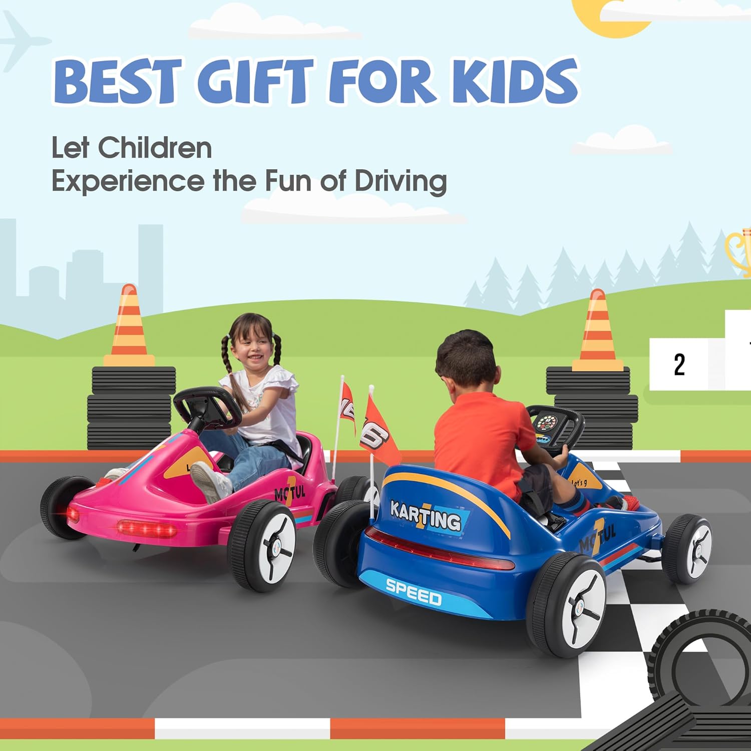 TOBBI 12V Electric Go Kart for Kids Battery Powered Ride on Car Outdoor Race Toy with Remote Control, Safety Belt, Music, LED Lights and Flags for Toddlers 3-8 Years, Blue