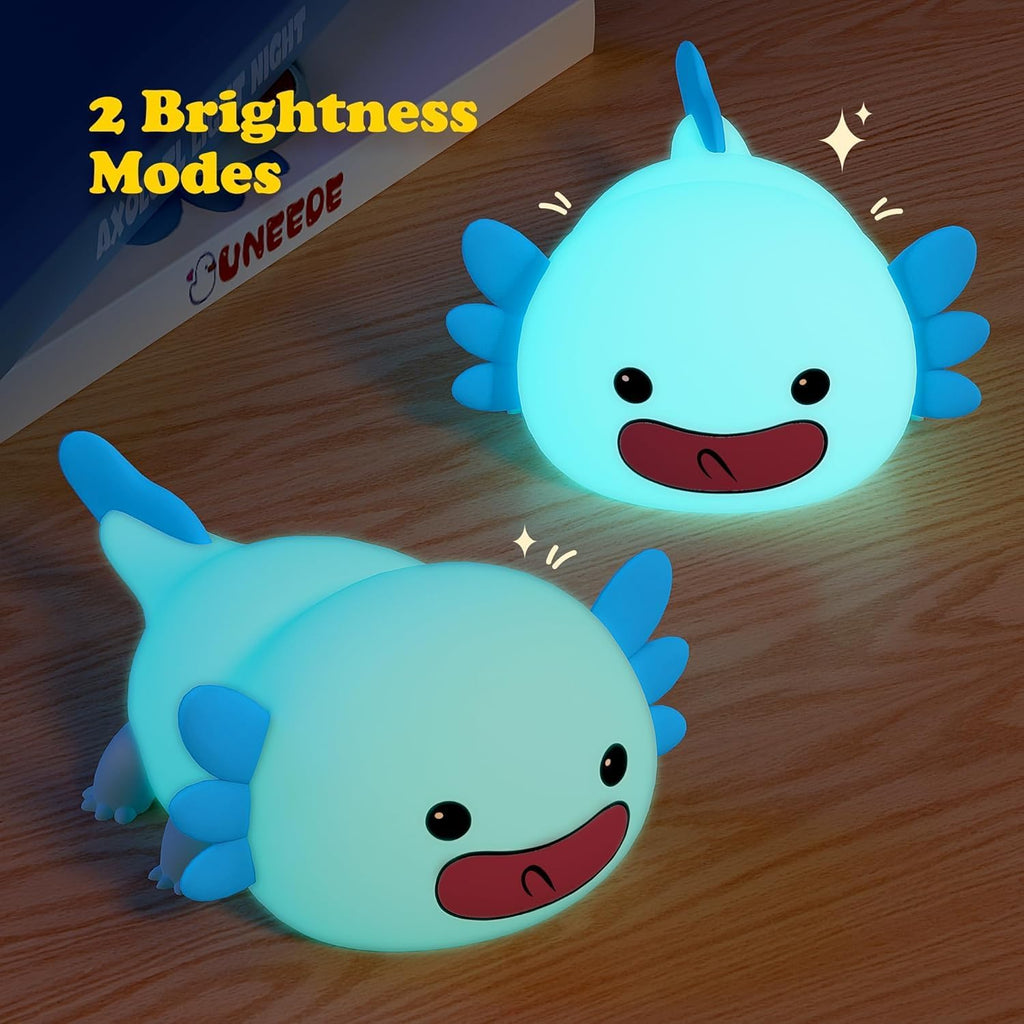 UNEEDE Blue Axolotl Night Light for Kids, Animal Silicone Nursery Night Lamp, Rechargeable Table Lamp, Cute Room Decor Night Light for Bedroom, Living Room, Dining, Desk Decorations, Gift