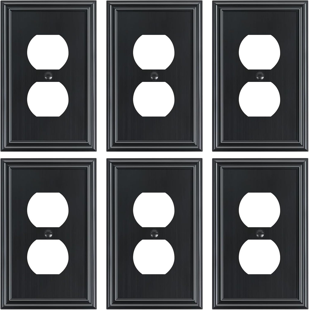 6-Pack Single Duplex Outlet Cover Plate, Decorative Black Switch Plates and Outlet Covers, Metal Wall Plates for Electrical Outlets, 1 Gang Receptacle Cover, Corrosion Resistant
