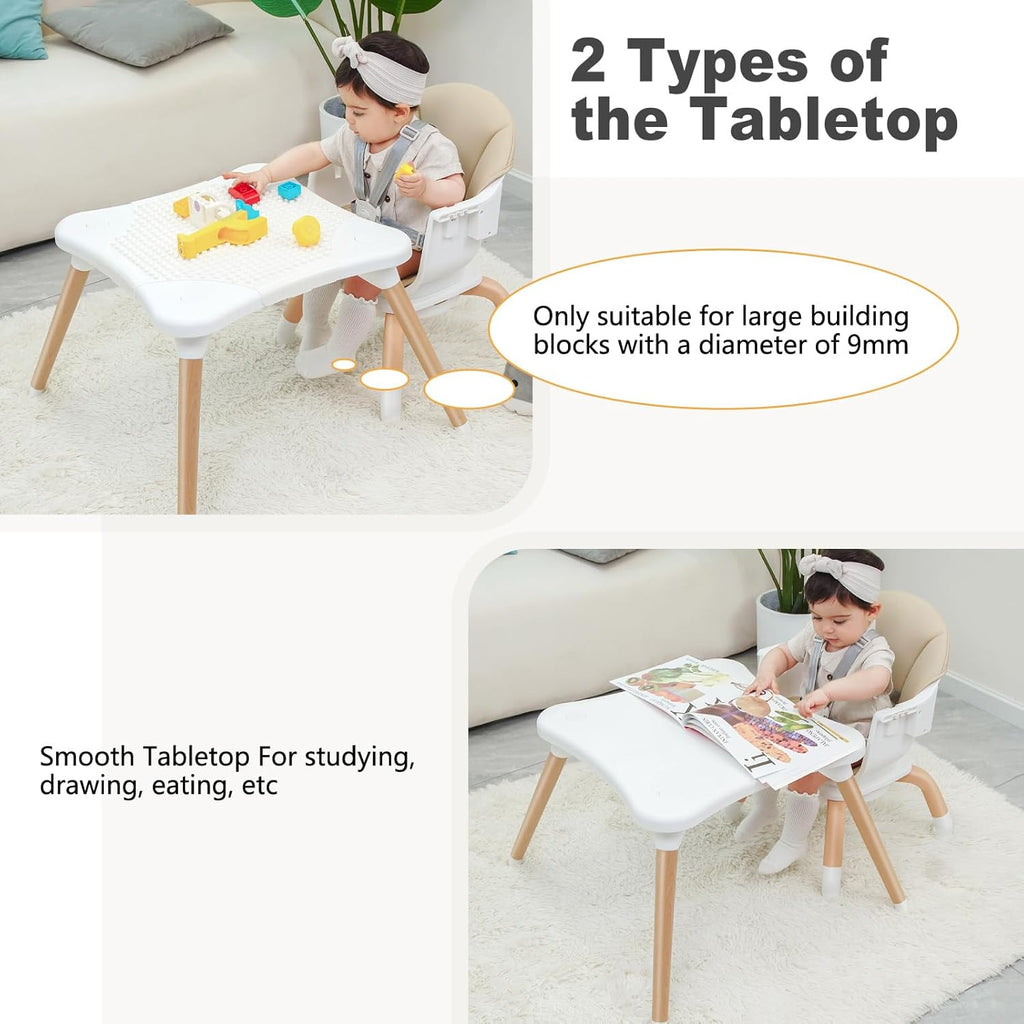 Baby High Chair, 7 in 1 Convertible High Chairs for Babies and Toddlers, Kids Learning Table, Building Block Table, Toddler Dining Chair with 360° Rotating Seat, 5-Point Safety Harness (Khaki)