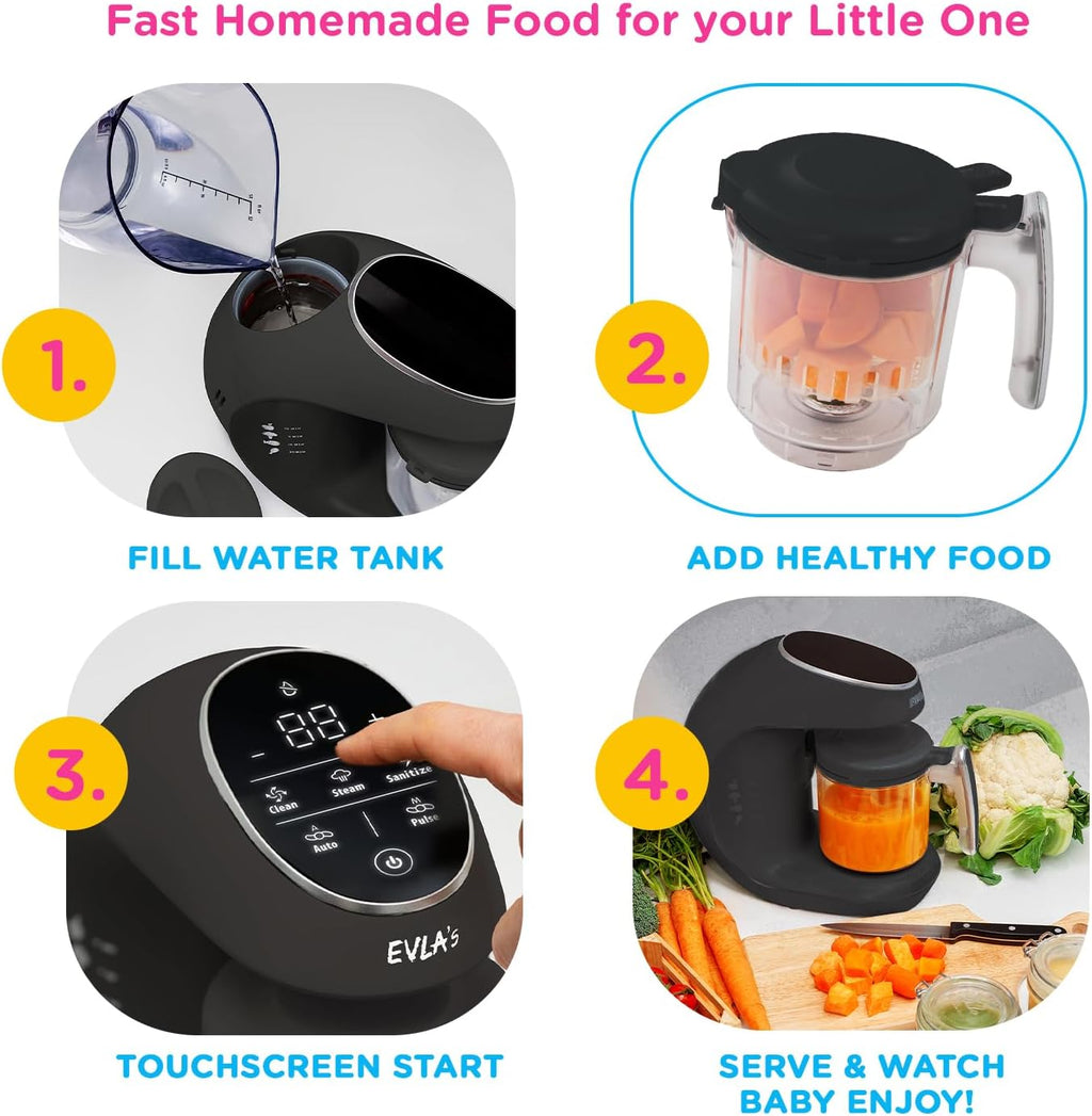 EVLA'S Baby Food Maker, Steamer, Blender, Baby Food Processor for Healthy Homemade Baby Food in Minutes, Touch Screen with 6 Reusable Food Pouches, Baby Registry Essential, Dark Grey