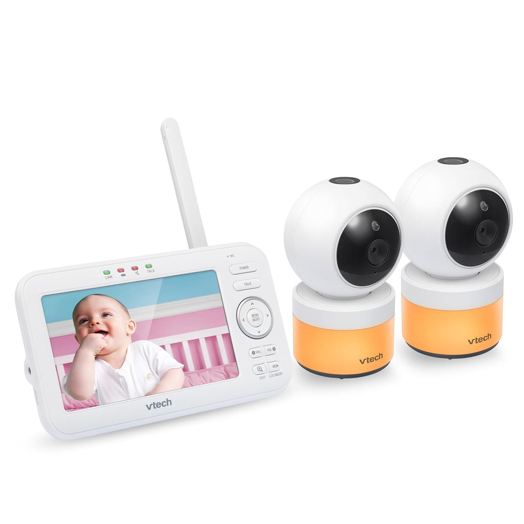 VTech VM5463-2 Baby Monitor 5" Screen with 2 Cameras, Pan-Tilt- Zoom, Night Light, Glow On The Ceiling Projector, Two-Way Talk, Secure Transmission No WiFi