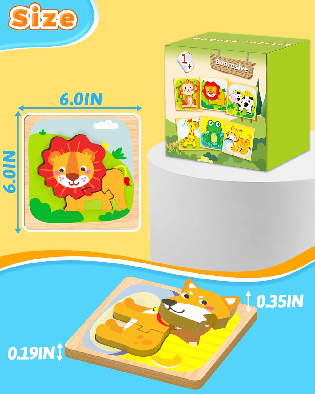 Benresive Wooden Toddler Puzzles, 6pcs Animal Montessori Toys for 1-3 Year Old Boys & Girls, Learning Educational Preschool Toys, Great Gifts for 1 2 3 Year Olds
