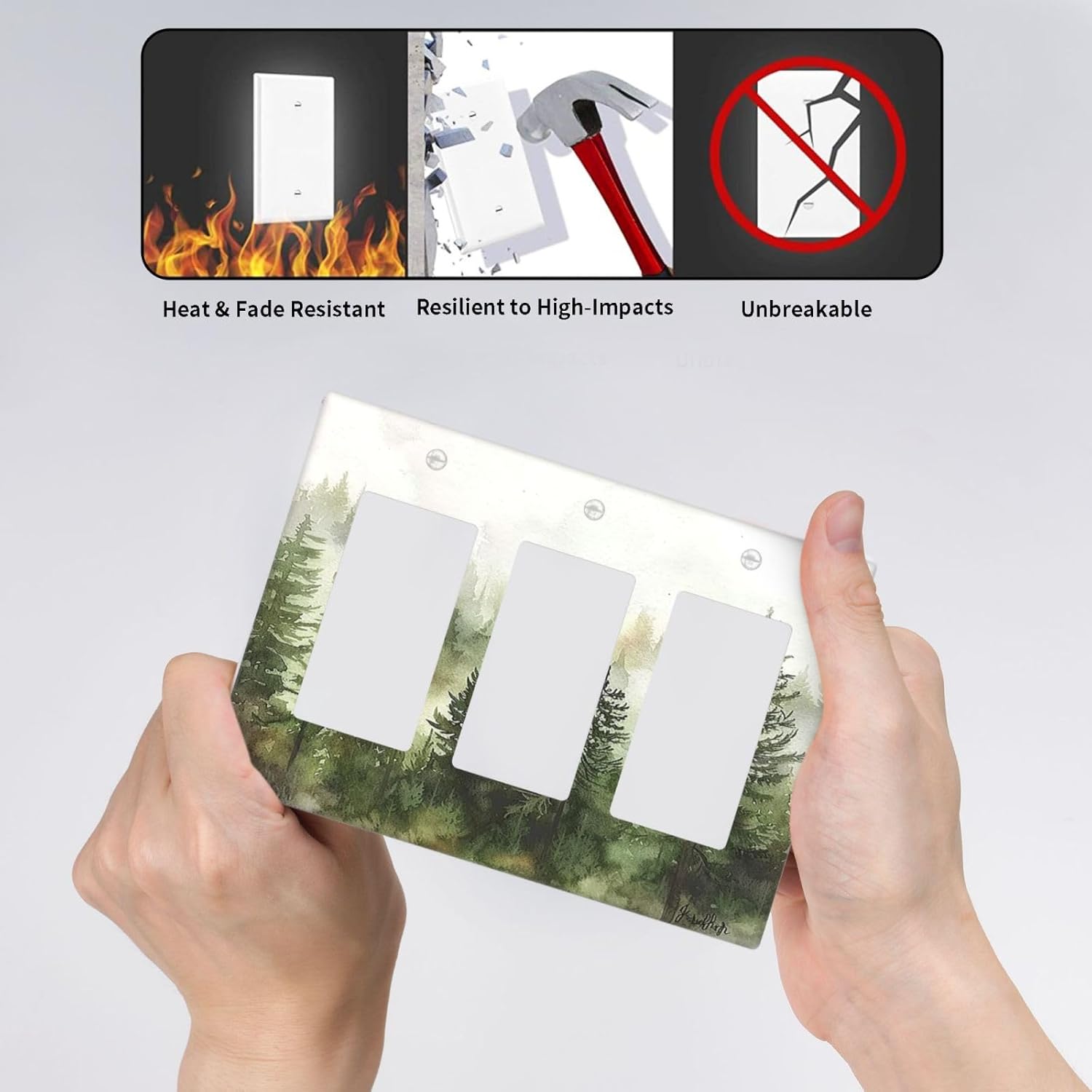 Light Switch Covers Green Forest Watercolor Painting Foggy Pine 3 Gang Rocker Electrical GFCI Decorative Triple Outlet Wall Plate Cover Switchplate for Bedroom living Room Decor