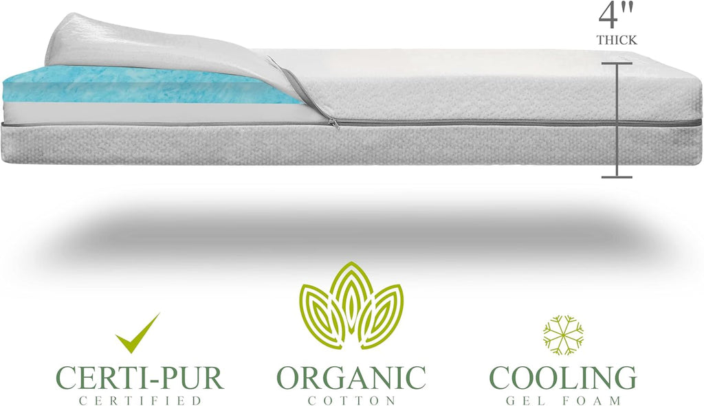 Organic Cotton 2-Sided Crib Mattress | Waterproof Washable Protector w/Ventilated Foam Lining | Light 2-in-1 Baby Mattress w/Firm Support for Infant & Soft CertiPUR Foam for Toddler | 52x27.5x4”