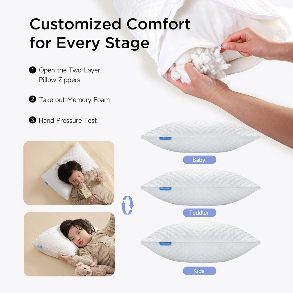 Memory Foam Toddler Pillow Pack of 2,20X14' Kids Pillow with Machine Washable Pillowcase Rayon Derived from Bamboo,Adjustable Height Toddler Pillows for Sleeping 2-6 Years Old(White)