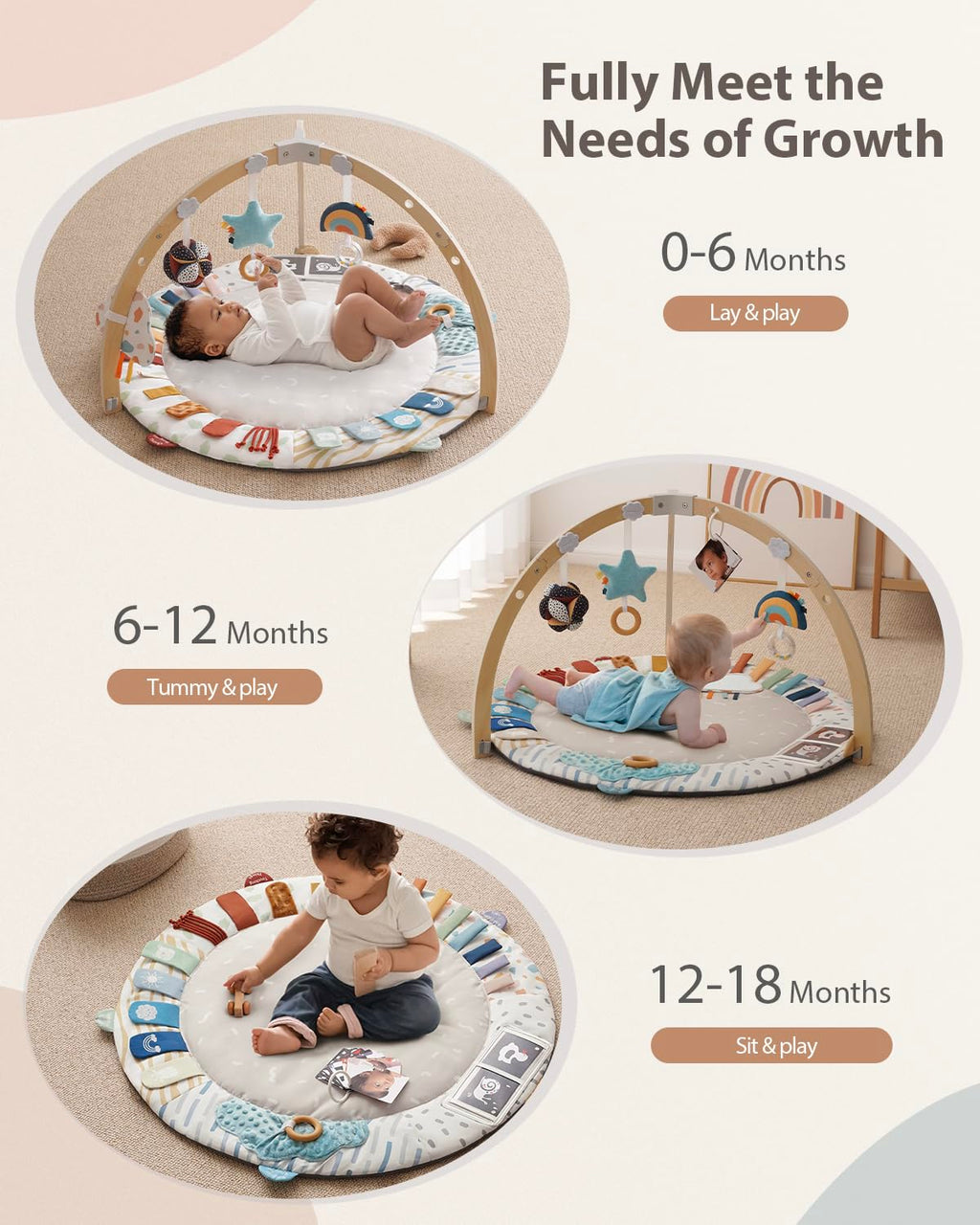 Blissful Diary Baby Play Gym & Activity Mat, 5 Developmental Zones Wooden Tummy Time Mat with 5 Detachable Sensory Toys for Motor Skills & Sensory Development, Baby Essentials Shower Gift