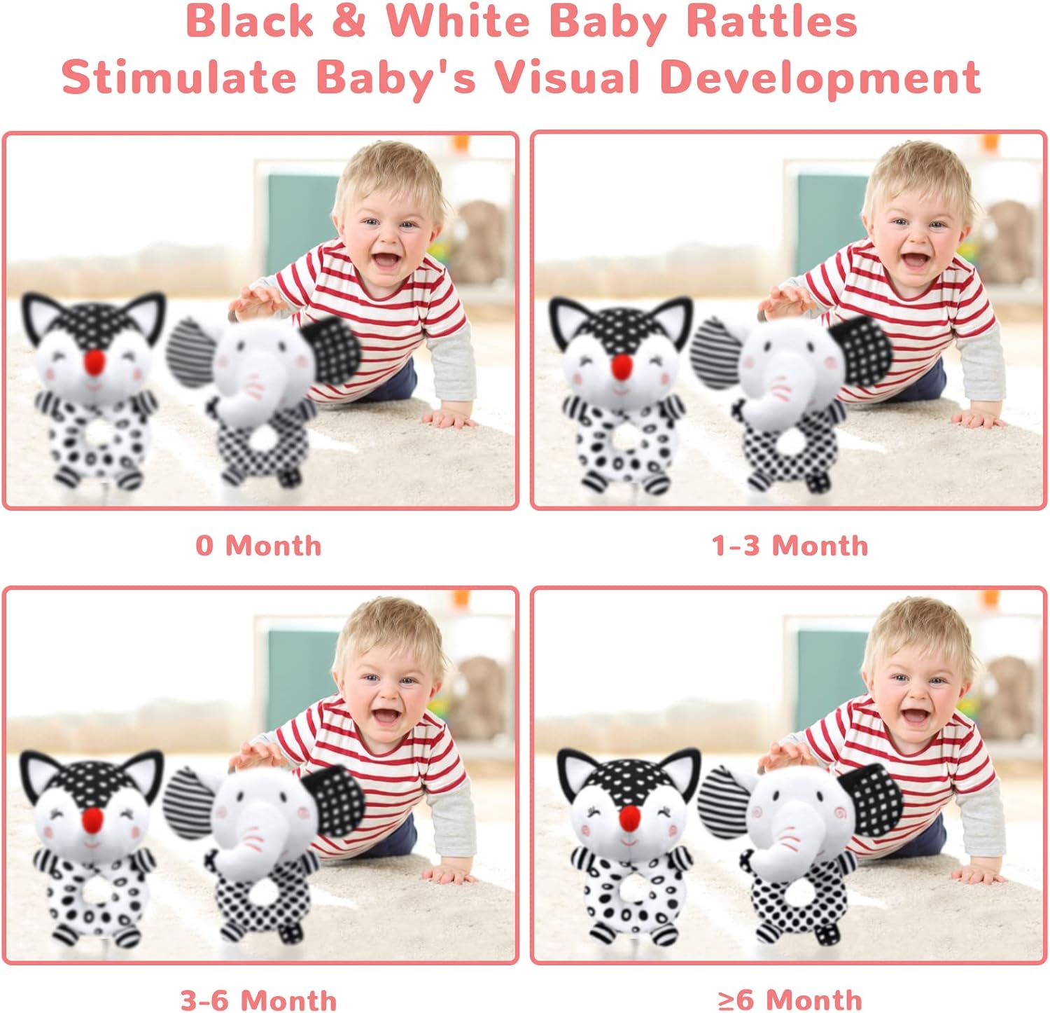Baby Rattles 0-6 Months Newborn Toys Baby Toys 0-6 Months Rattles for Babies 0-6 Months Infant Toys 0-3 Months, Black & White High Contrast Baby Toys Plush Stuffed Toys for 0 3 6 9 12 Months Girl Boy