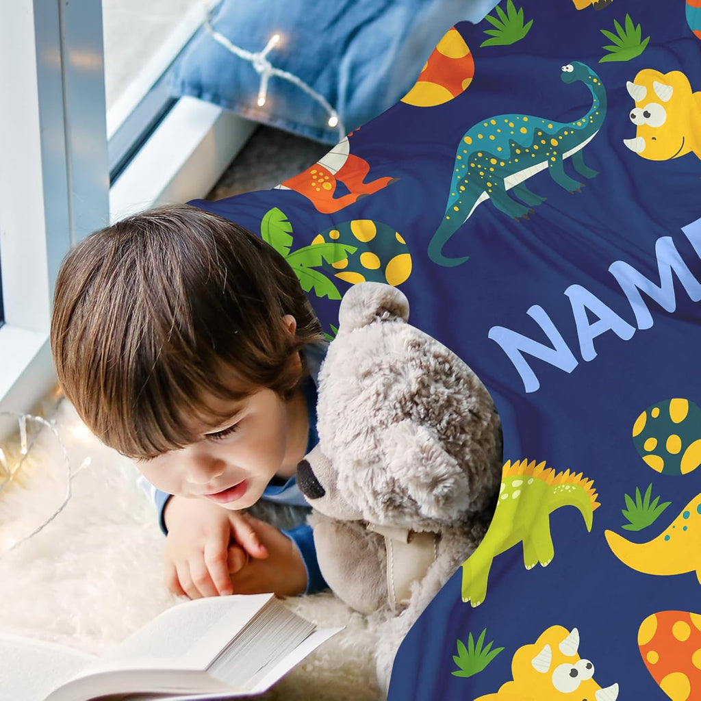 Ship Next Day, Custom Dinosaur Blanket - Printed in USA, Personalized Blankets with Name, Gift for Kids Boys Girls, Unique Present for Birthday, Christmas, Educational Blankets for Children