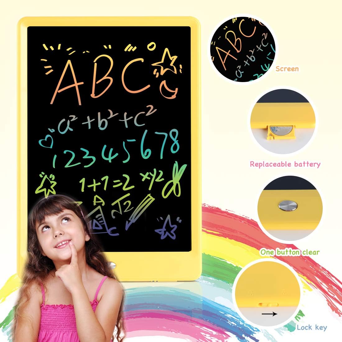 ORSEN LCD Writing Tablet 10 Inch, Colorful Doodle Board Drawing Tablet, Erasable Reusable Writing Pad, Educational for 3-6 Year Old Girls Boys(Yellow)