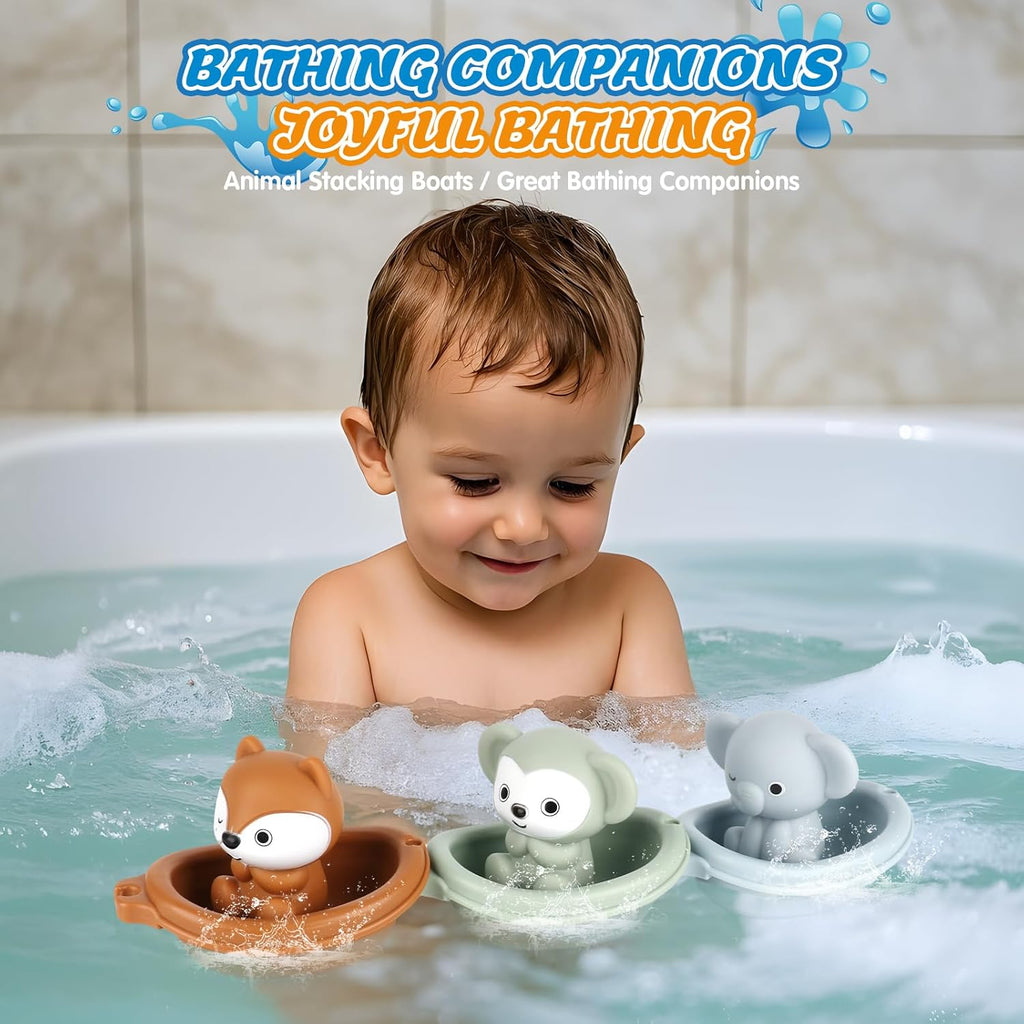 Bath Pool Toys for Toddler, Stacking Toys with 3 Boat 3 Sensory Finger Puppets, Toddler Toys Gifts for 2-4 Year Old Boy Girl, Model A