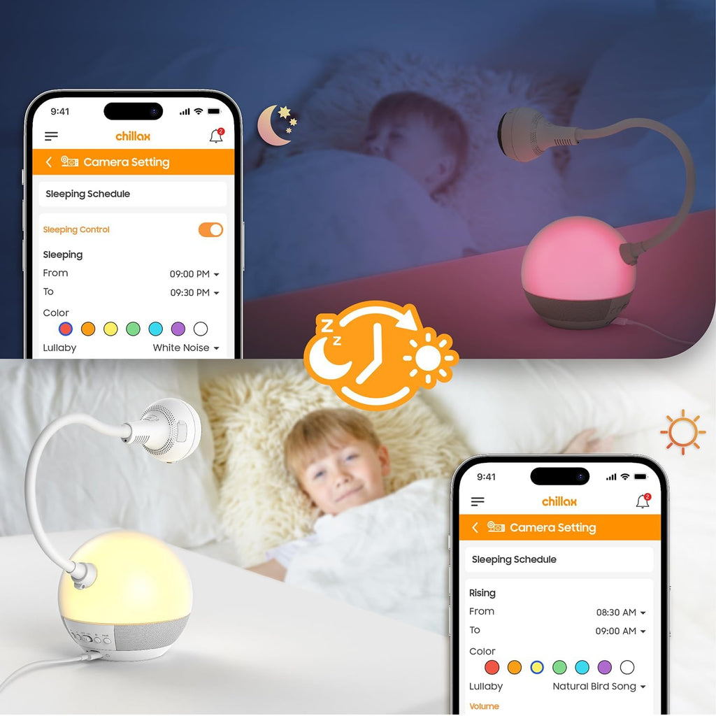CHILLAX Baby Monitor Baby Mood Plus,5-inch 1080p HD Camera Wi-Fi Baby Monitor,with Sleep Trainer & Mood Light Soother,Flexible Gooseneck and 360°Pan View,Accessible via Phone App and Nursery Features