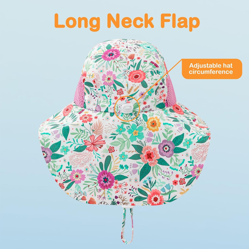 Baby Sun Hat UPF 50+ Mesh Liner Toddler Bucket Hats with Wide Brim Neck Flap for Outdoor Beach Swim