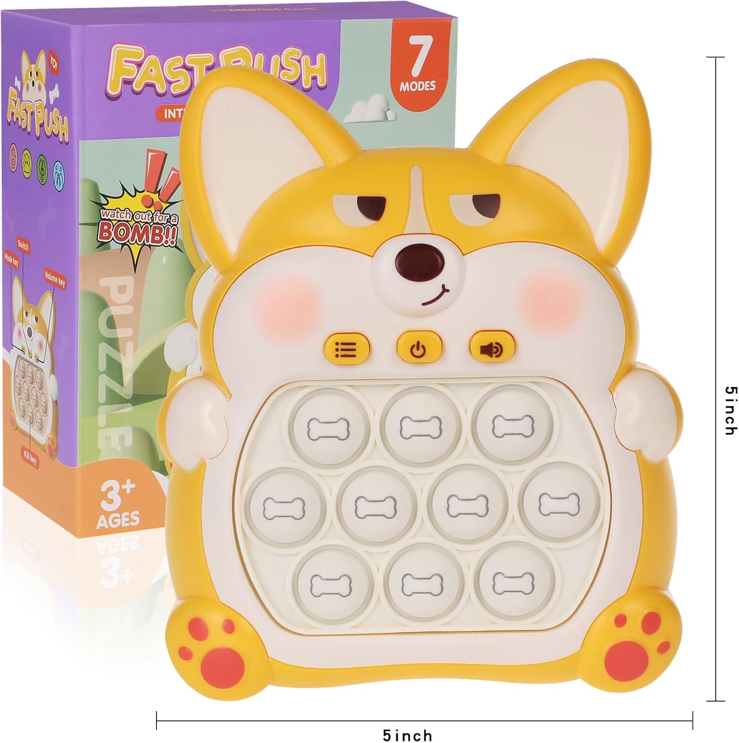 Fast Push Game Pop Fidget Toys for Kids, Fast Push Bubble Game, Quick Push Pop Game for Boys & Girls Age 3-12, Handheld Puzzle Game Sensory Toys Relaxation and Decompression (Yellow Corgi)