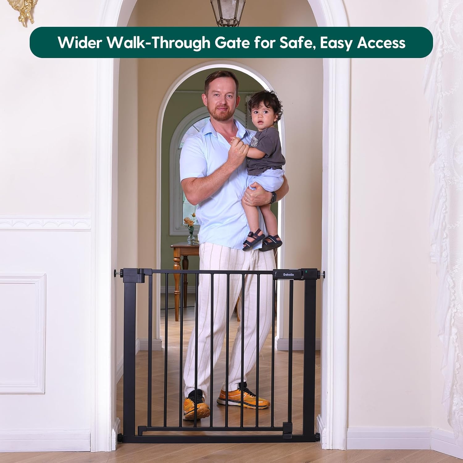 BABELIO Baby Gate for Doorways and Stairs, 36-41" Pet Gate with Wide Walk Thru Door and Lock Indicator, No Drill Pressure Mounted Safety Gate with Double Lock and Self-Closing, Black