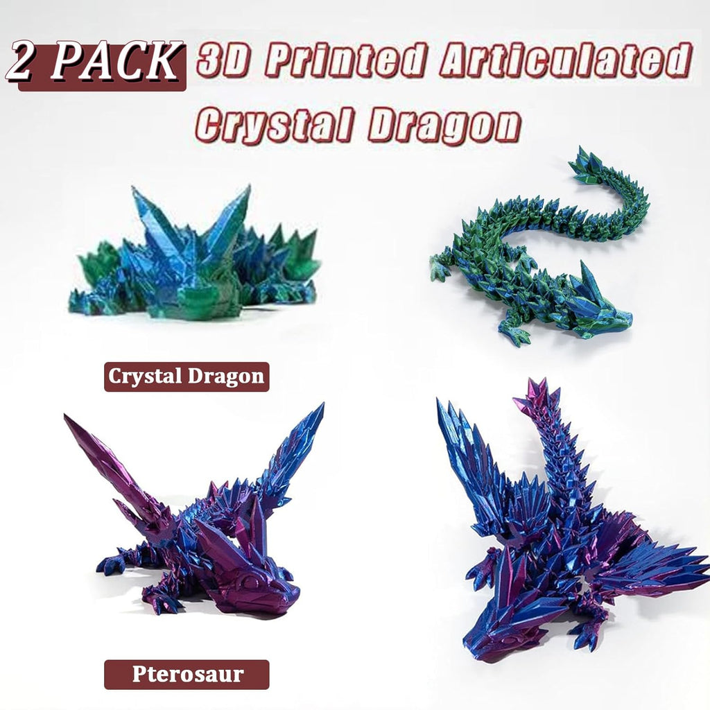 3D Printed Dragon with Wings, 2 Pack Mystery Dragon Fidget Toy, Mythical Pieces Articulated Dragon, Home Office Decor Executive Desk Toys (Purple&Green)