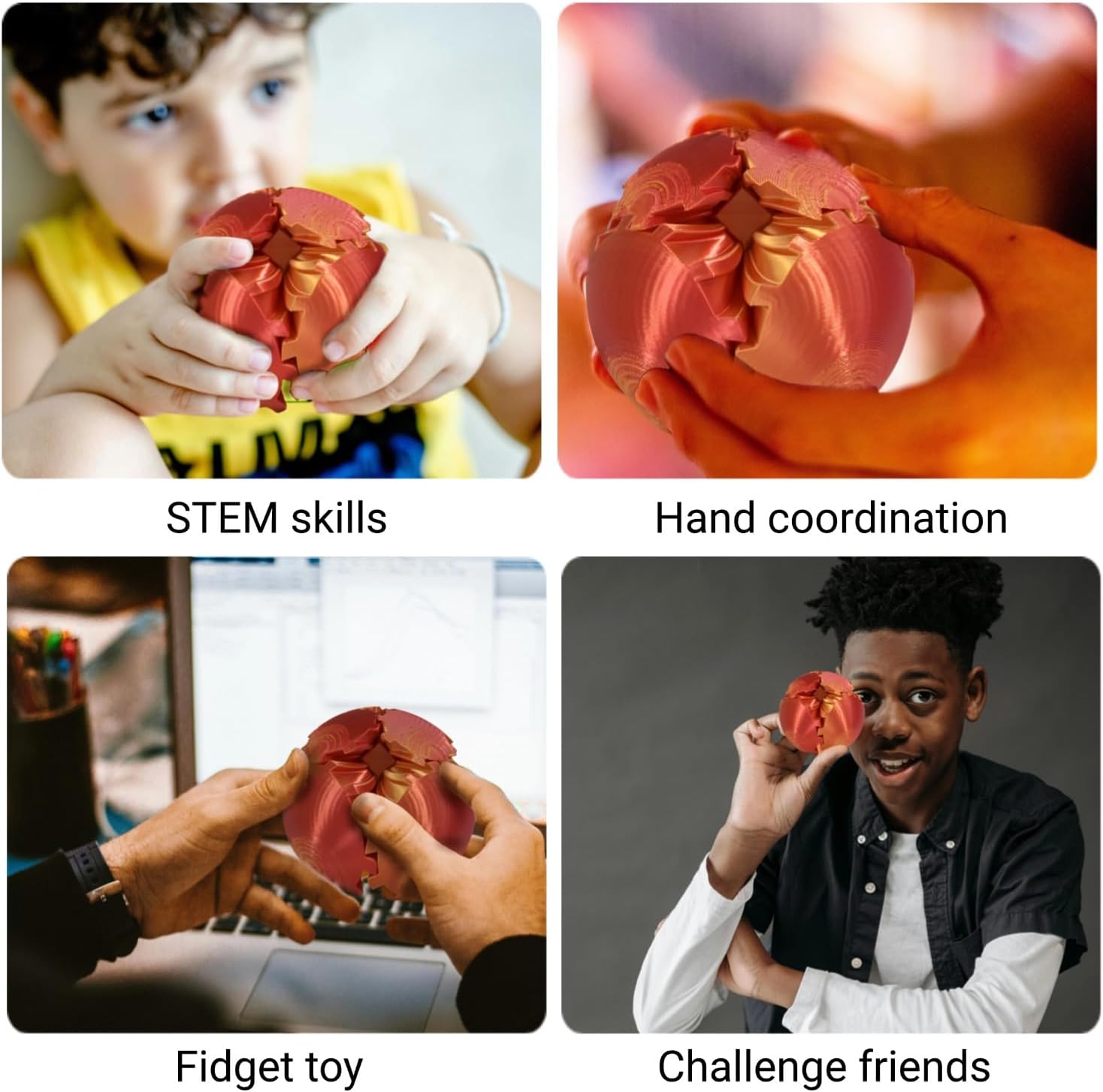 3D Printed Gear Ball, Gear Sphere Fidget Toy Stress Relif Toy for ADHD, Anxiety Relaxing Toy for Adults at Work/Study/Travel, Twisted Red-Gold