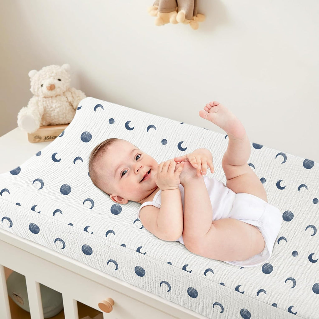 Bearmoss Changing Pad Cover, 2 Pack Muslin [100% Cotton] Diaper Changing Table Covers, 32'' x 16'' Soft Breathable Changing Pad Sheets for Unisex Baby Girls and Boys with Strap Holes (Bluemoon)