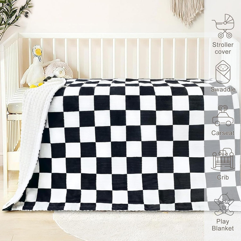 HOMRITAR Black and White Baby Blanket for Boys Ultra Soft Warm Lightweight Toddler Blanket with High Contrast Checkered, 3D Double Layer Fleece for Newborn Visual Touch Sensory 30x40 Inch