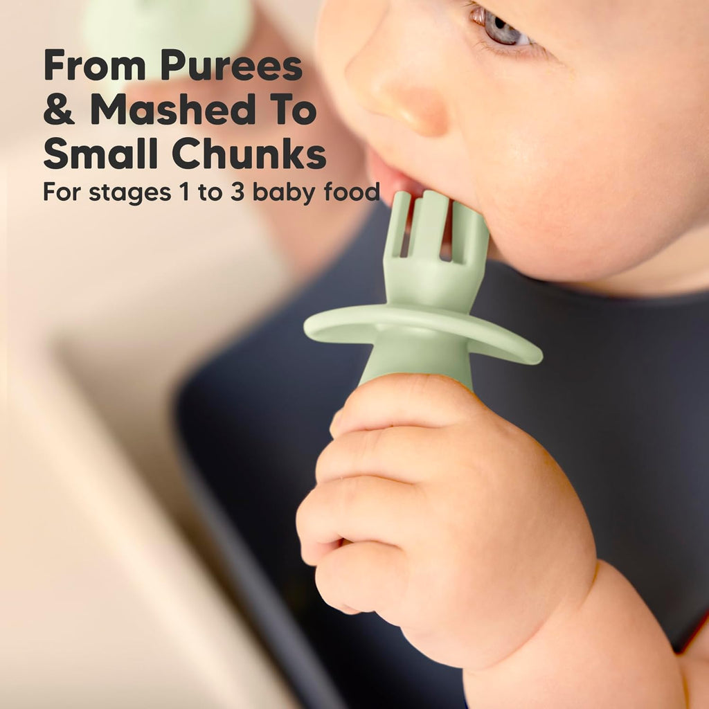 KeaBabies 4-Pack Silicone Baby Spoons and Forks Set - Baby Led Weaning Utensils 6-12 Months, Self Feeding Toddler Spoon & Fork for Training, Teething, Easy to Hold, BPA-Free Silicone (Sage)