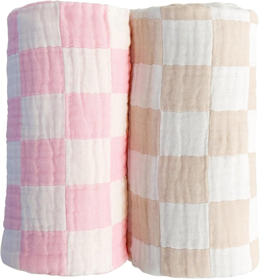 Ultra Soft Checkered Muslin Baby Blanket Pack of 2 Cotton Swaddles Bed Blankets for Babies and Toddlers Girls Newborn 42 x 42 inches Cream and Pink