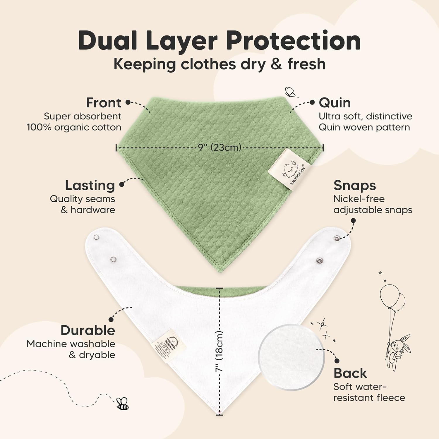 KeaBabies 8-Pack Bandana Bibs for Baby Girls, Boys - Organic Cotton Baby Bibs for Drooling & Teething Newborn, Toddler, Infant 0-36 Months, Extra Soft, Absorbent Cloth with Snaps (Dew)