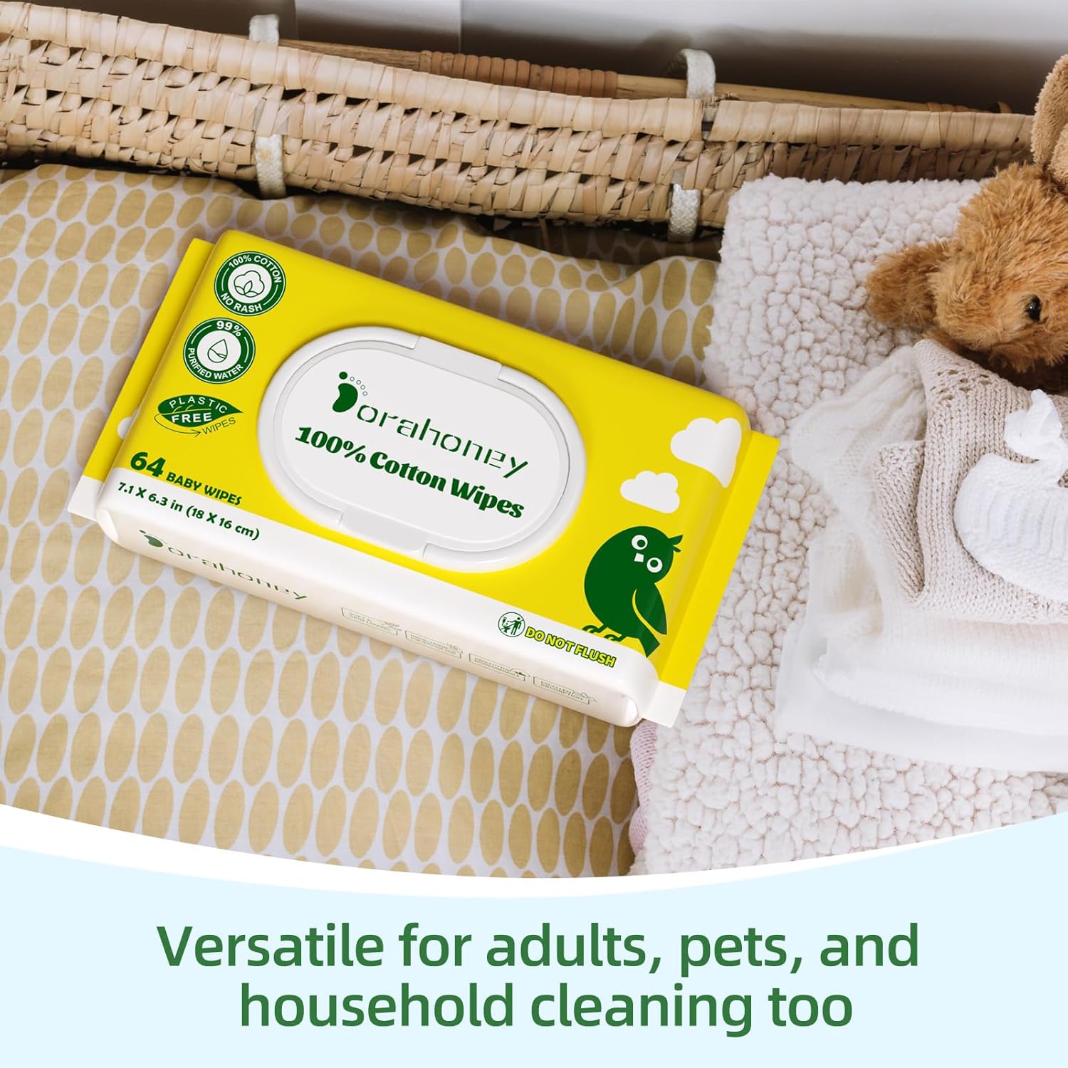 100% USA Cotton Baby Wipes for Sensitive Skin, 99% Purified Water Unscented Wet Wipes, Hypoallergenic & Plastic-Free, 768 Count (12 Flip-Top Packs of 64)