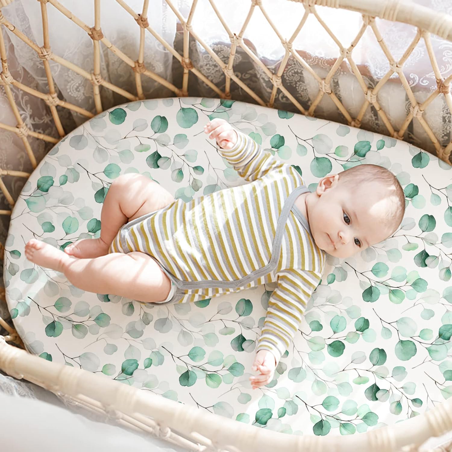 Gllquen Baby Bassinet Sheets 4 Pack, Breathable Cozy Fitted Mattress Sheet, Elastic Travel Crib Fashionable Floral Pattern, Standard Cradle Safe Sheets for Baby Boys Girls 32"x16"(Greenery)