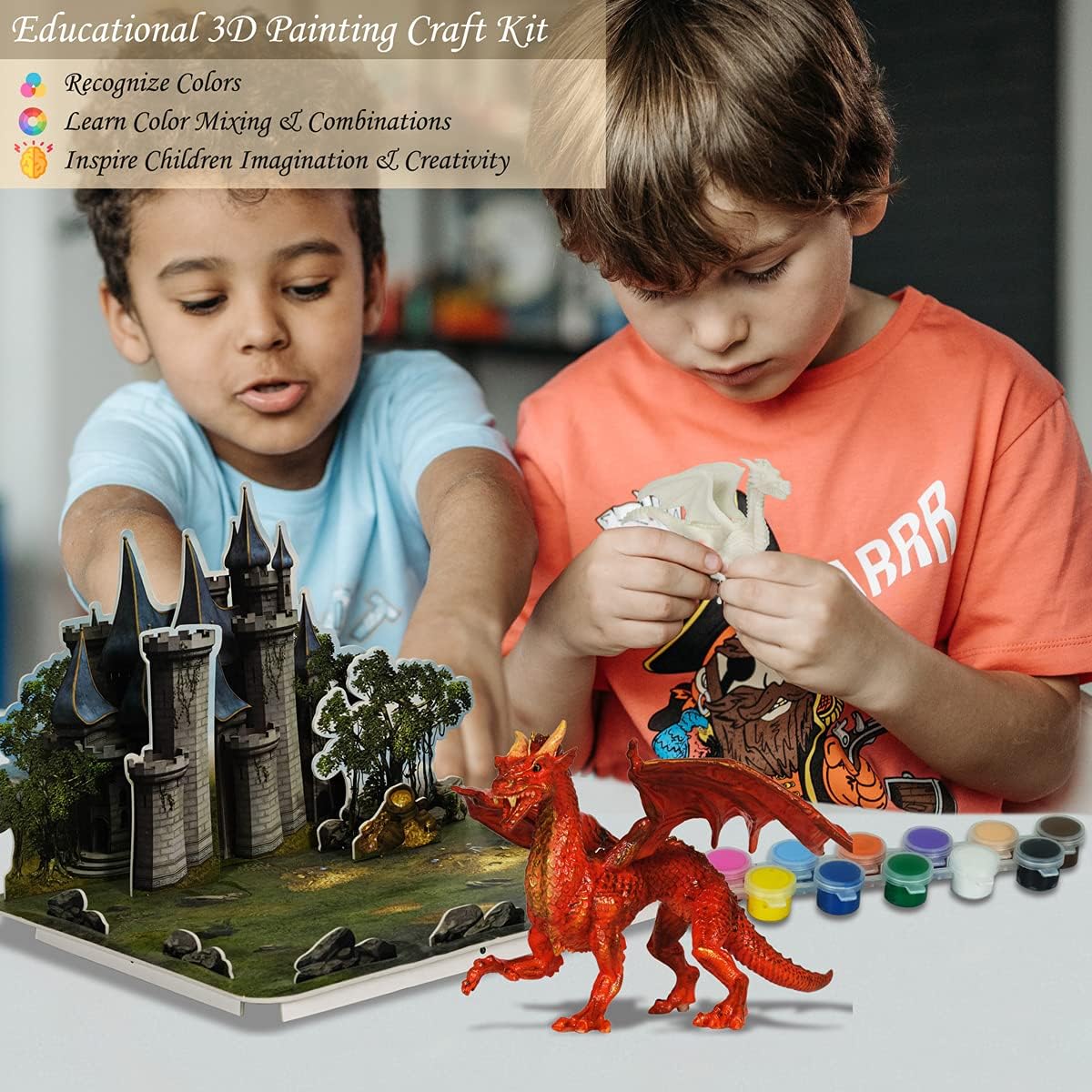 Kids Arts Crafts Set - Dragon Toys Painting Kit with 3 Dragons Figurines and 3D Jigsaw Puzzle Castle, Best Tween Paint Gift to Create Own Powerful Dragon