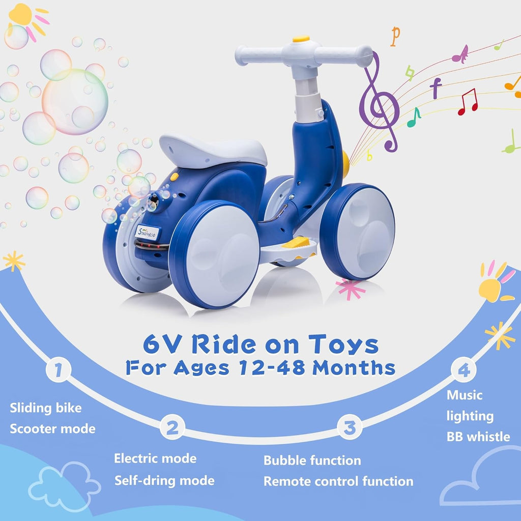 6V Electric Baby Balance Bike with Bubble Machine,4 in 1 Toddler Balance Bike w/Remote Control for 1 Year Old Boys Girls Kids Bubble Bike Ride on Toys w/Powered Motor,Music,LED Lights (Blue)