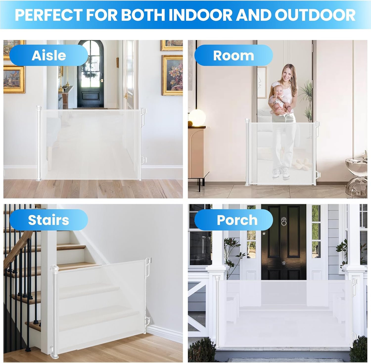 Retractable Safety Baby Gate or Mesh Dog Gate,Durable Portable Mesh Retractable Gate,Easy to Use for Stairs, Doorways, Hallways, Indoor, Outdoor, 33.5" Tall, Up to 65" Wide, White